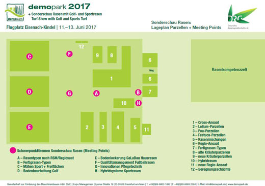 Übersichtsplan zur Sonderschau Rasen 2017 mit Schwerpunktthemen und Meeting Points.